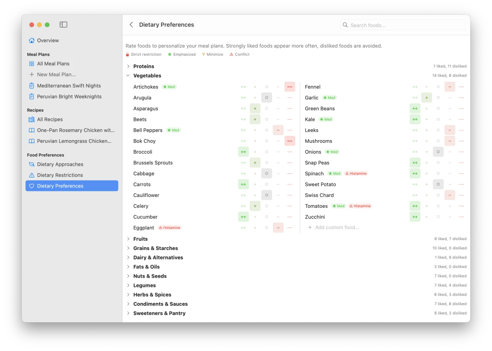 The food preferences screen, where you mark foods you love, like, or avoid.