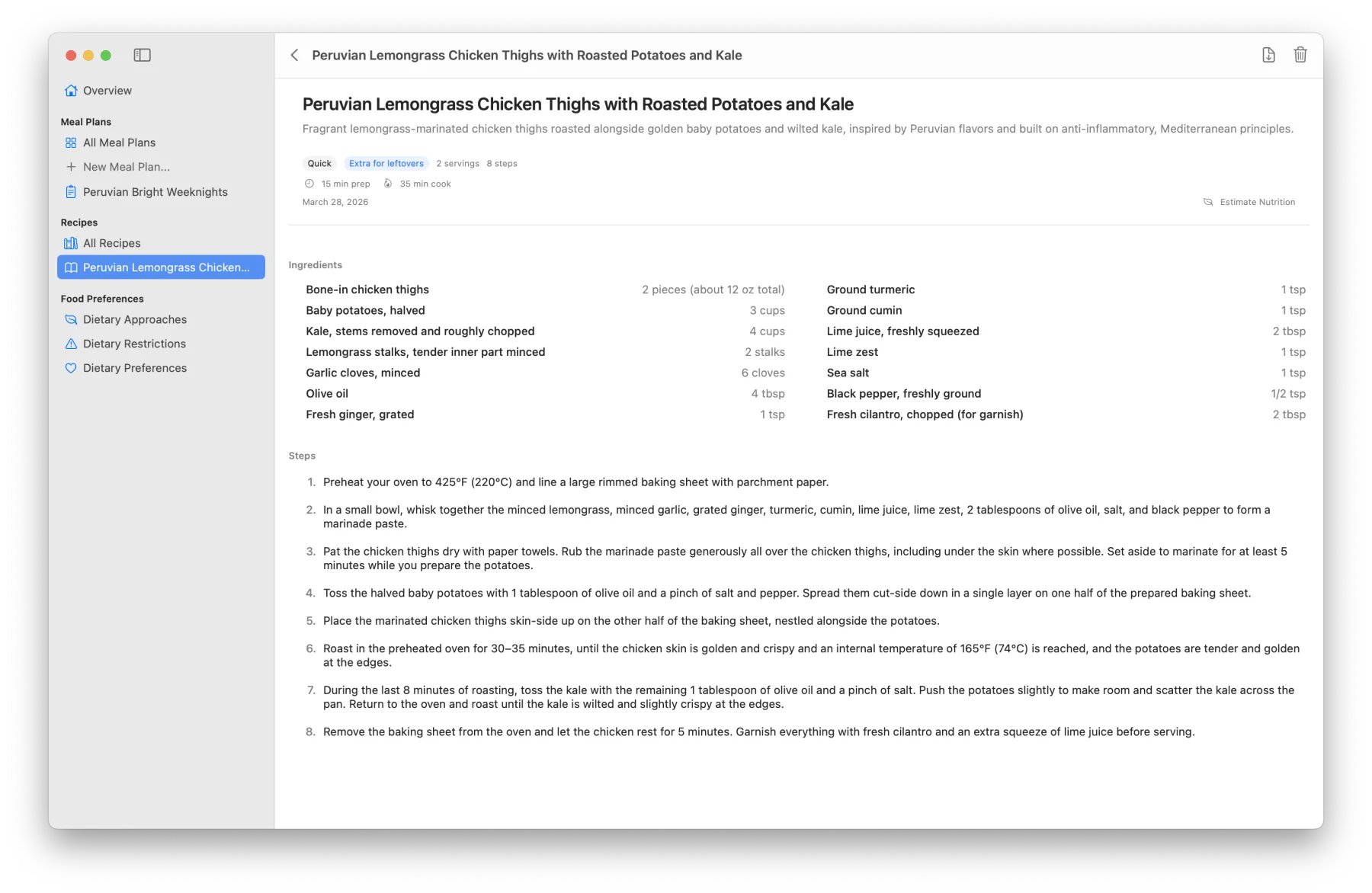 A generated recipe for Peruvian lemongrass chicken thighs with roasted potatoes and kale, with ingredients and steps.